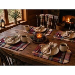 Set of 4 Plaid Fabric Placemats Thick Quilted Table Mats‎ Country Cottage Cabin